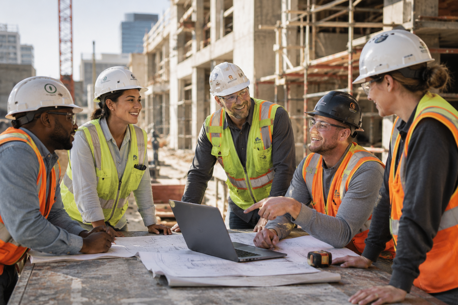 Construction crew reviewing plans on a job site