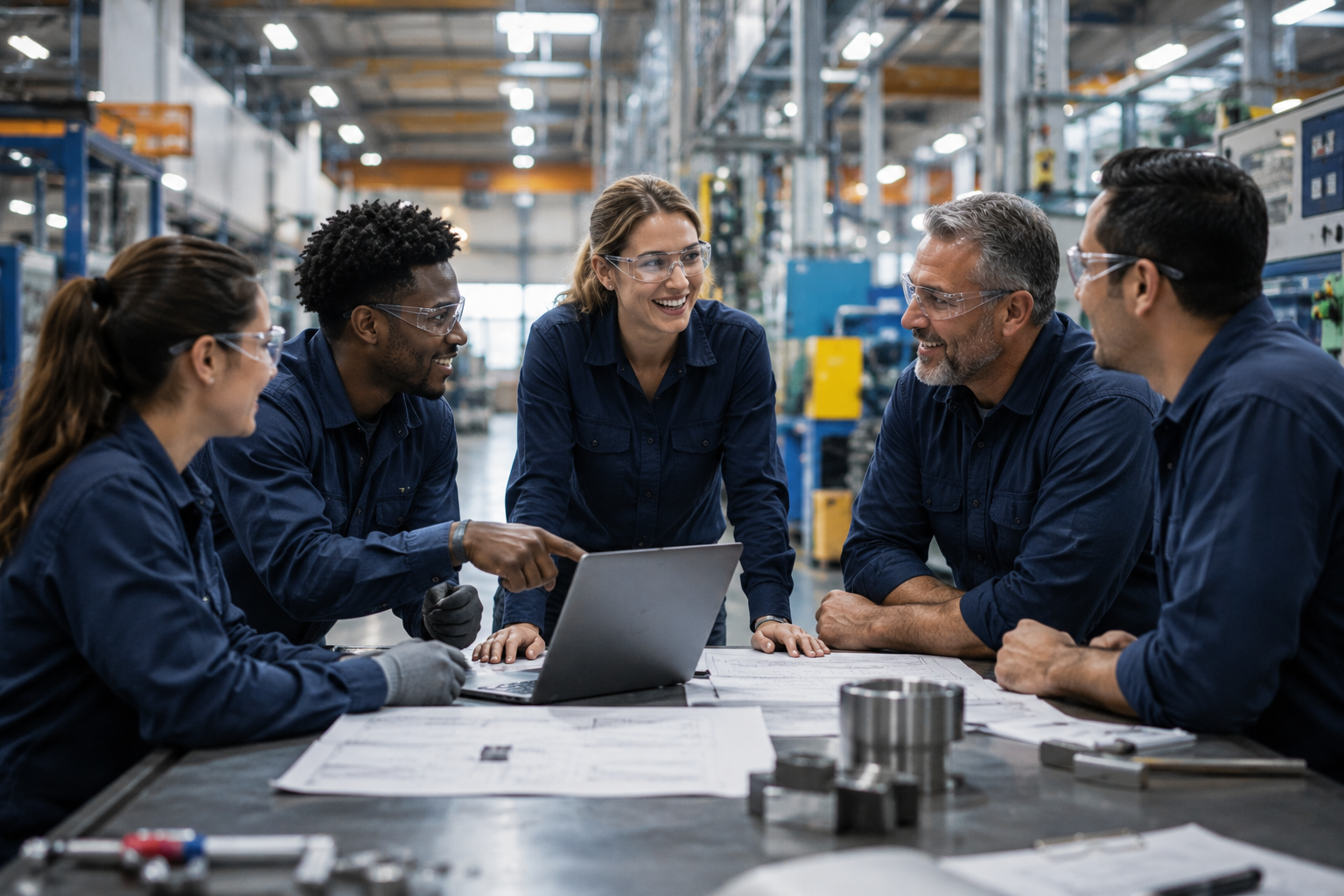 Manufacturing team meeting on the factory floor
